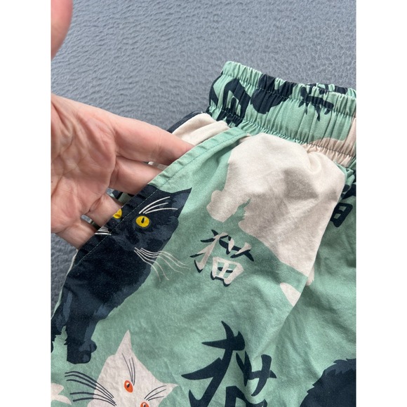 Kidoriman Pajama Pants Lounge Womens Sz M Green Cats Japanese Kanji Drawstring - Picture 2 of 14